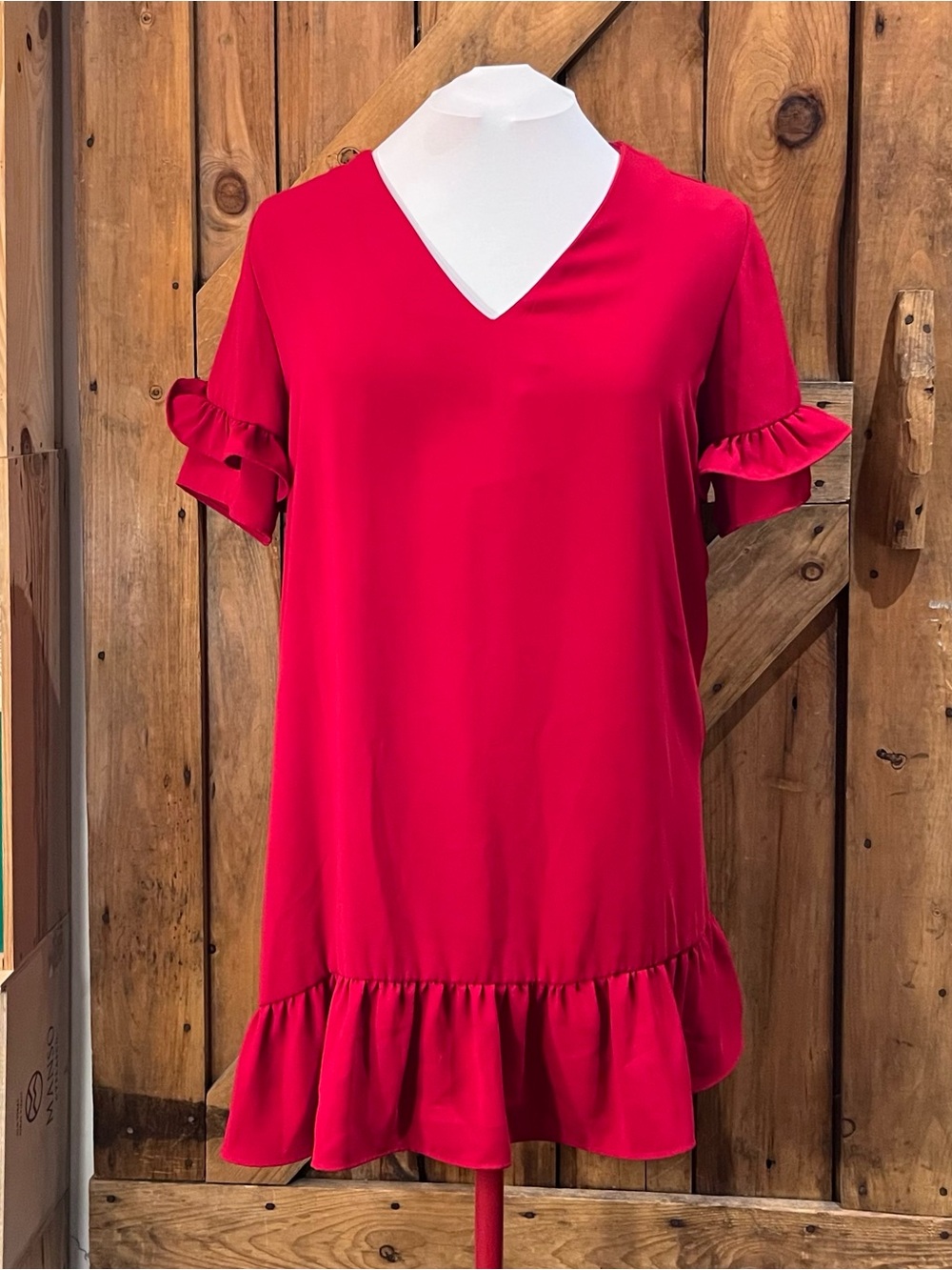 Zara bright Red Ruffle Mini Shift Dress V-Neck XL